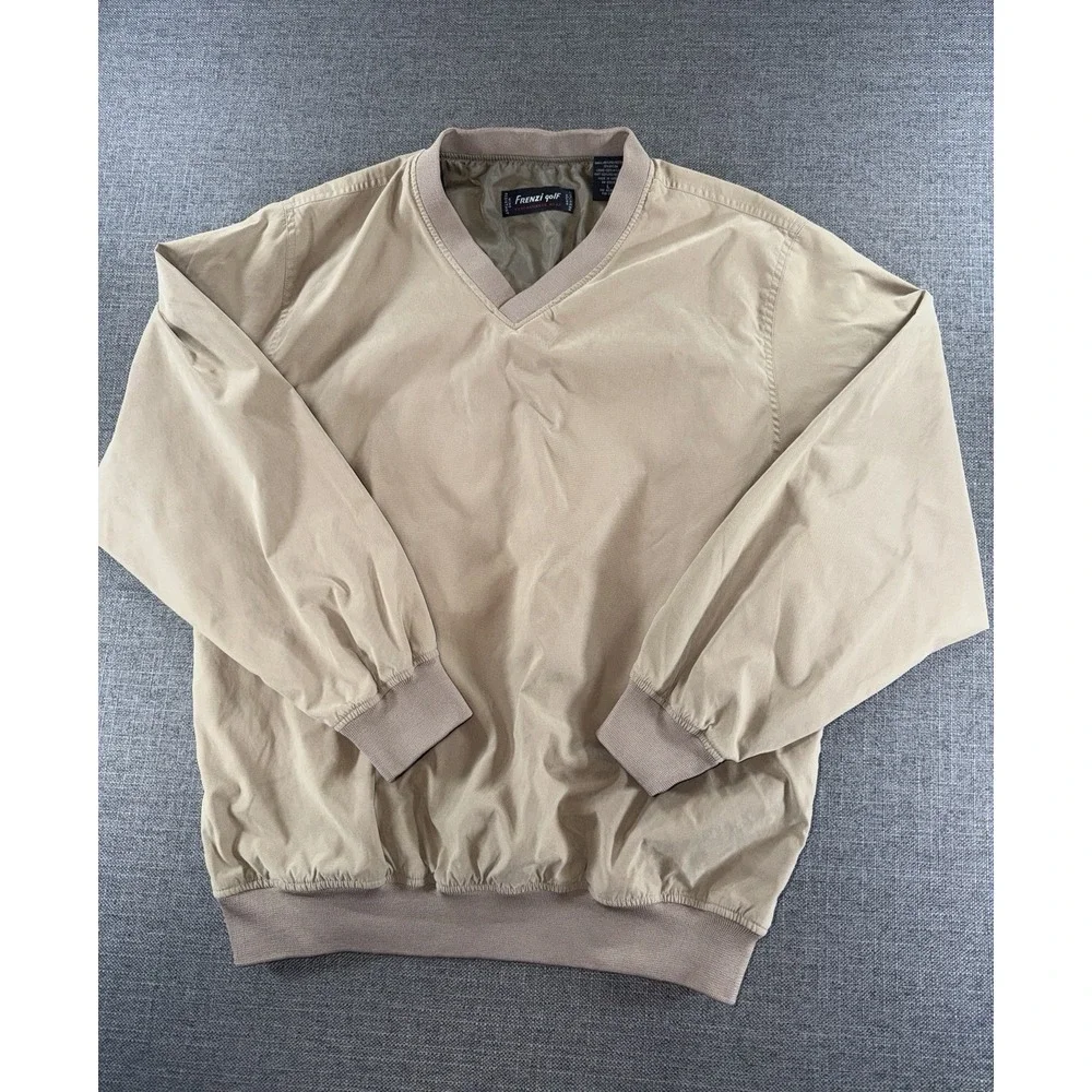 Frenzi Golf Windbreaker Pullover Jacket Mens Large Beige V-Neck Lightweight Golf